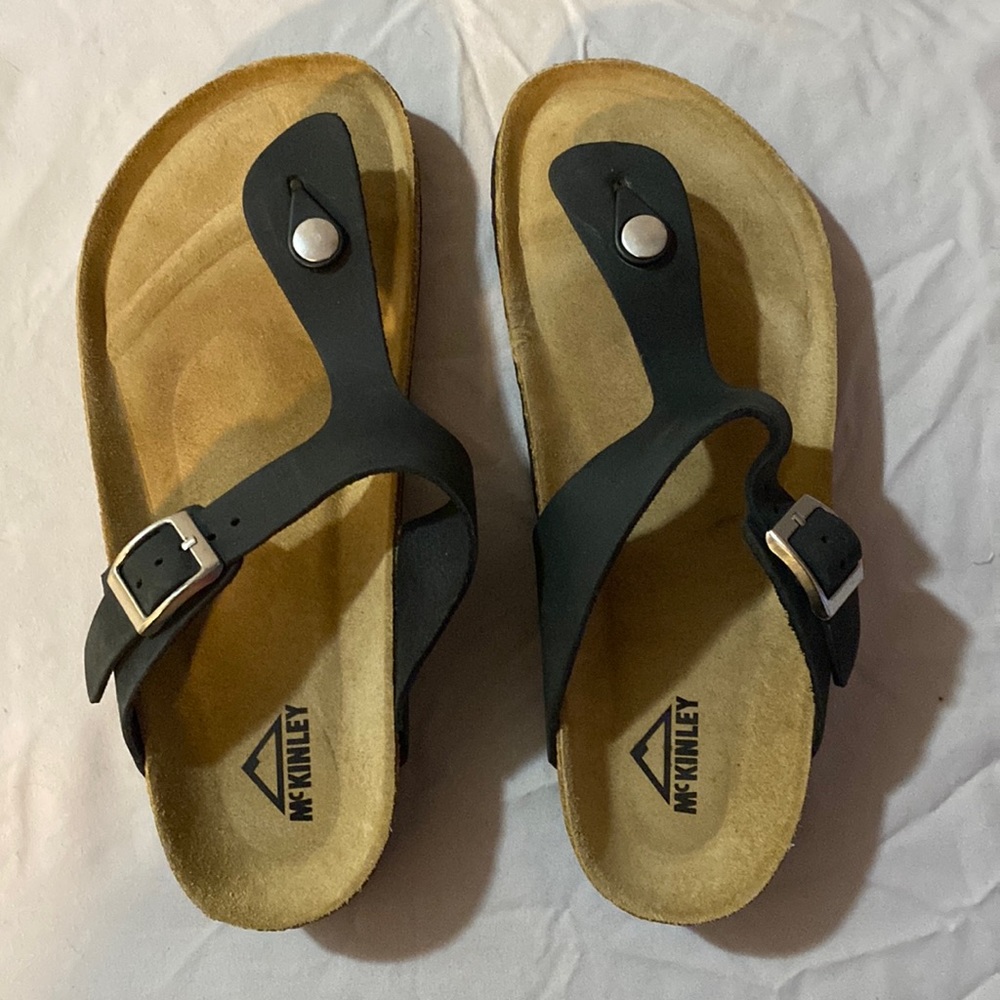 Black Leather Toe-Post Sandals for Women